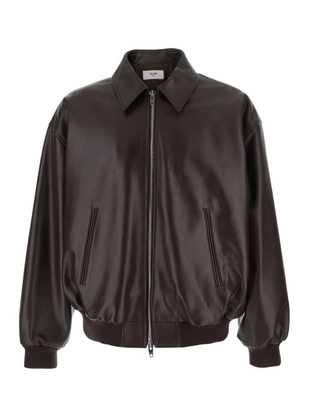 Jacheta Brown Leather Jacket with Pointed Collar and Maxi Logo Printed on the Back for Men