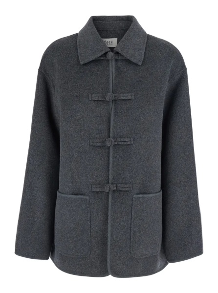 Jacheta Gray Jacket with classic collar and button closure on the front in wool and cashmere for women