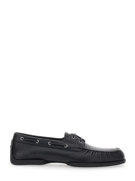 Mocasini Black Loafers with Ruffled Details and Rounded Toe in Leather for Men