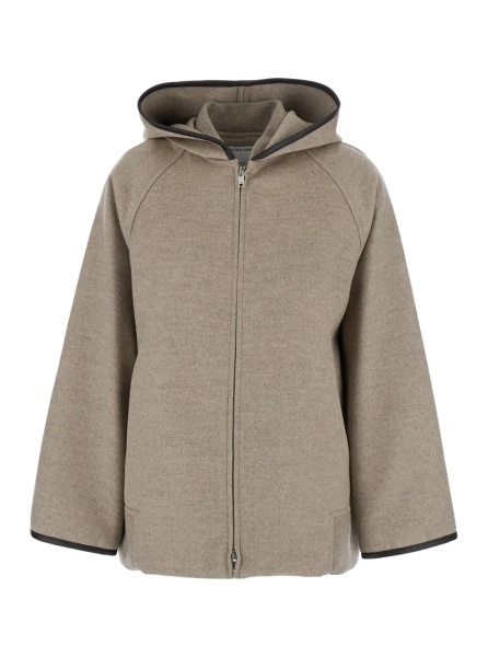 Paltoane Beige Coat with Hood and Leather Trims in Wool and Cashmere Woman