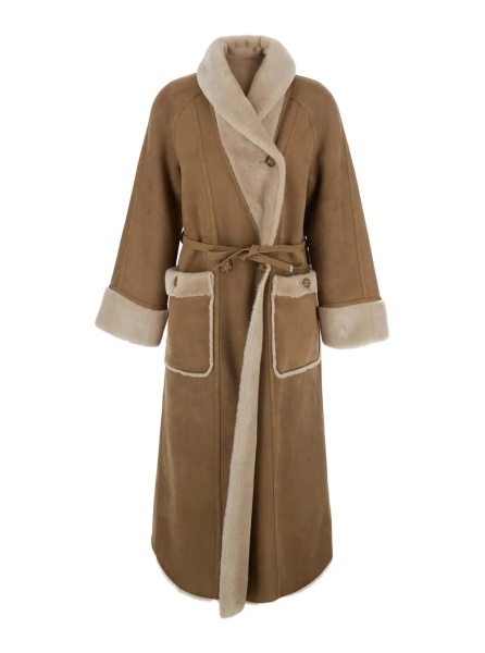Paltoane Beige Long fur coat with reversible design and waist belt in eco-fur for women