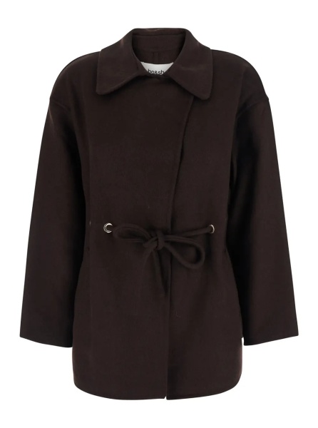 Paltoane 'Kam' Brown coat with classic collar and front belt in fabric for women