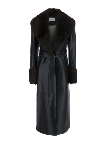 Paltoane Long leather coat with black fur collar for men