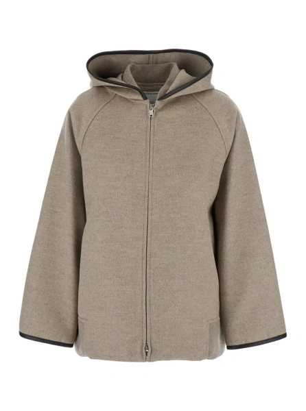 Palton Beige Coat with Hood and Leather Trims in Wool and Cashmere Woman