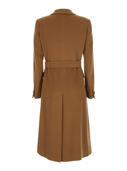 Palton Beige Double-breasted coat with Peak revers and front belt in wool and cashmere for women