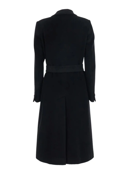 Palton Black Double-breasted coat with Peak revers and front belt in wool and cashmere for women