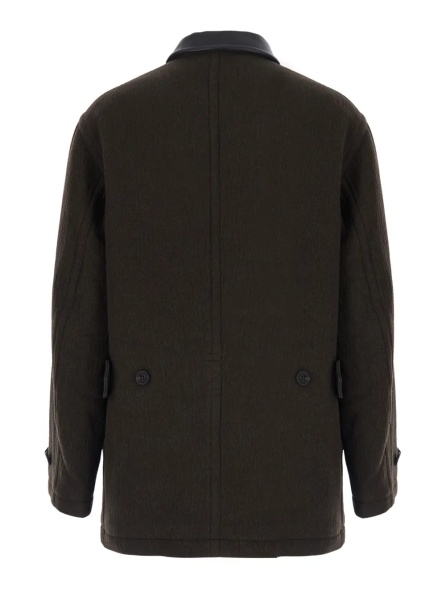 Palton TRIMMING LEATHER PATCHWORK COAT with collar, long sleeves and central closure, in wool and nylon, brown, unisex