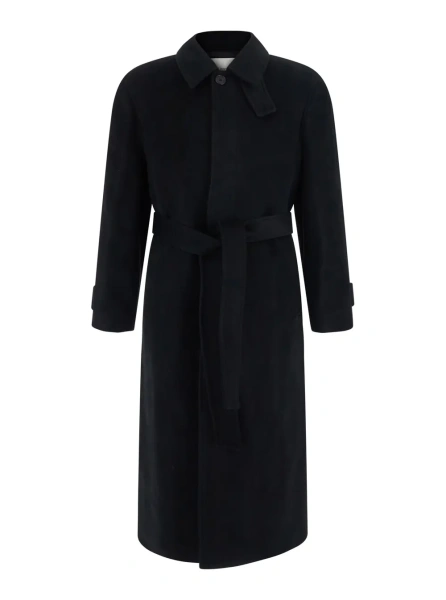 Palton UNISEX BELTED CASHMERE MAC COAT with collar and long sleeves in black wool and cashmere unisex
