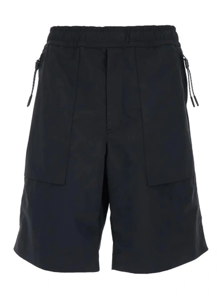 Pantaloni Black Bermuda Shorts with Elastic Waist and Logo Patch on the Back in Tech Fabric for Men