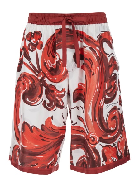 Pantaloni Bordeaux Bermuda Shorts with elasticated waist and drawstring and all-over Maiolica print in silk for men