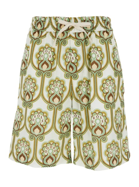 Pantaloni 'Tapisserie Floreale' Green Shorts with Elastic Drawstring Waist and All-Over Print in Linen Blend for Men