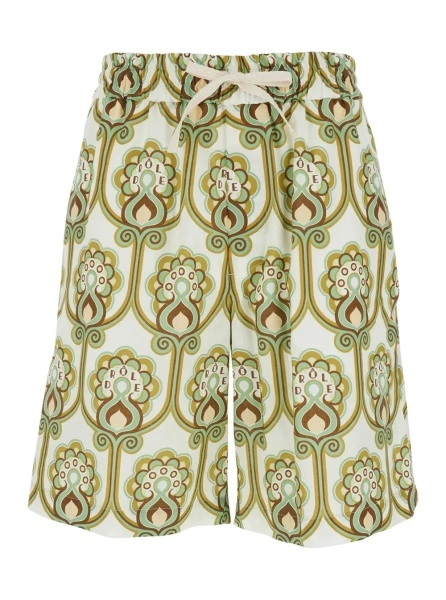 Pantaloni 'Tapisserie Floreale' Green Shorts with Elastic Drawstring Waist and All-Over Print in Linen Blend for Men