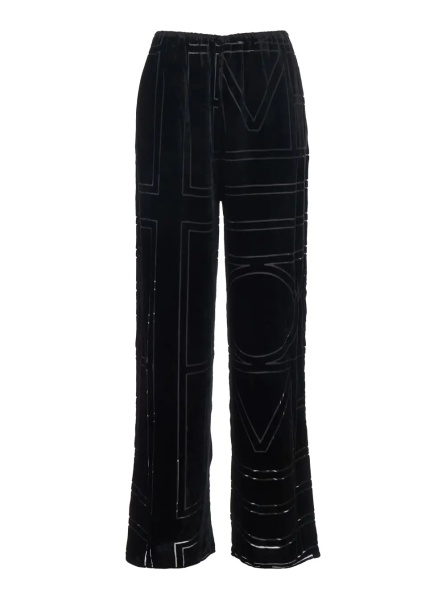 Pantaloni TOTÊME Black Pants with Elastic Waist and All-Over Logo Monogram in Velvet for Women