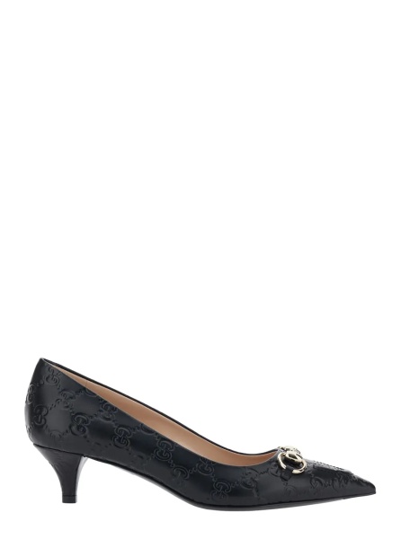 Pantofi 'Erin' Black Pumps with Low Heel and Horsebit on the Front in GG Leather Woman