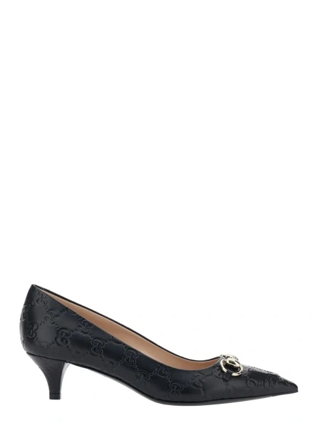 Pantofi 'Erin' Black Pumps with Low Heel and Horsebit on the Front in GG Leather Woman