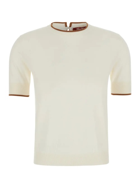 Pulover 'Agenda' white crew neck sweater with keyhole closure on the back in silk and wool for women