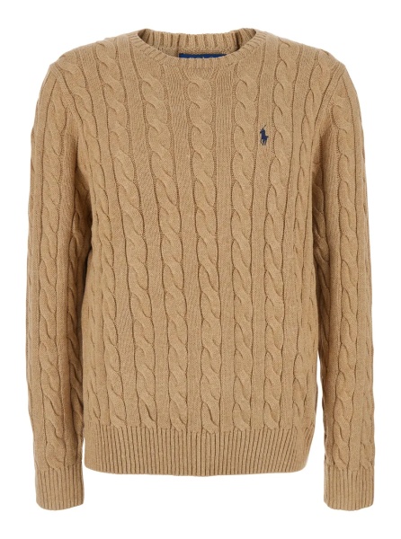 Pulover Beige Crewneck Sweater with Pony Patch on the Front and Cable Knit in Cotton for Men
