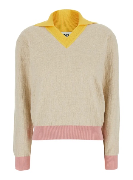 Pulover Beige Long-Sleeved Sweater with V-Neck and All-Over FF Motif in Cotton Women