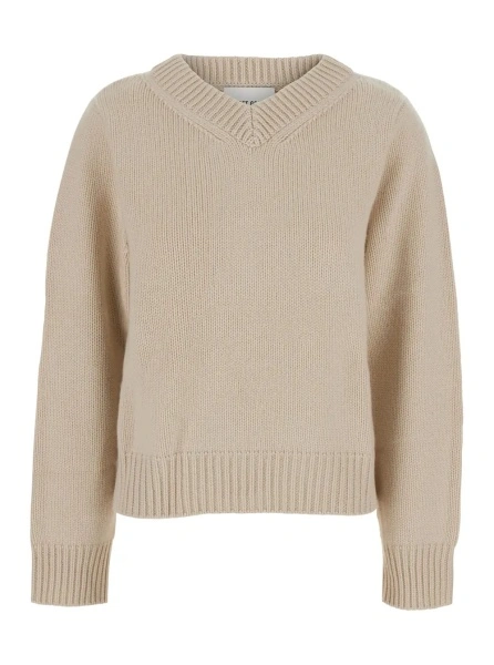 Pulover Beige V-neck sweater with ribbed knit in cashmere women