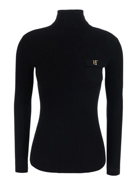 Pulover Black high-neck sweater with logo on the front and ribbed knit in cotton for women