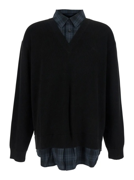Pulover Black Sweater with Layered Design and Classic Collar in Cotton and Wool Blend Man