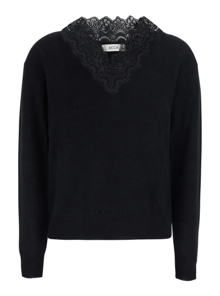 Pulover Black Sweater with V Neck with Lace Embroidery in Wool Blend for Women