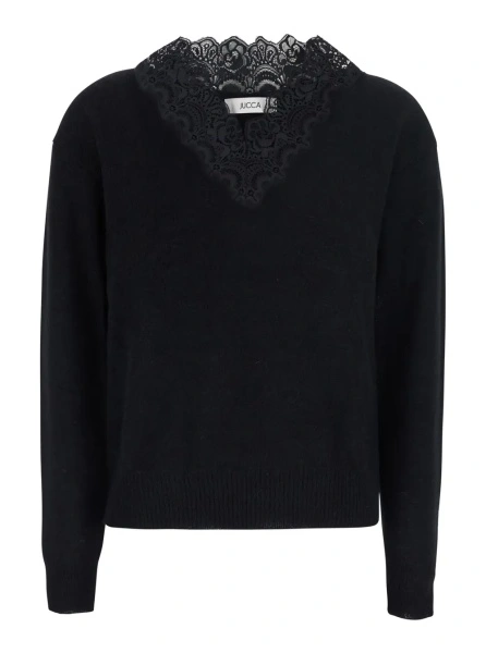 Pulover Black Sweater with V Neck with Lace Embroidery in Wool Blend for Women
