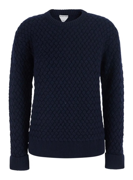 Pulover blue Sweater with round neck and woven Motif in wool for women