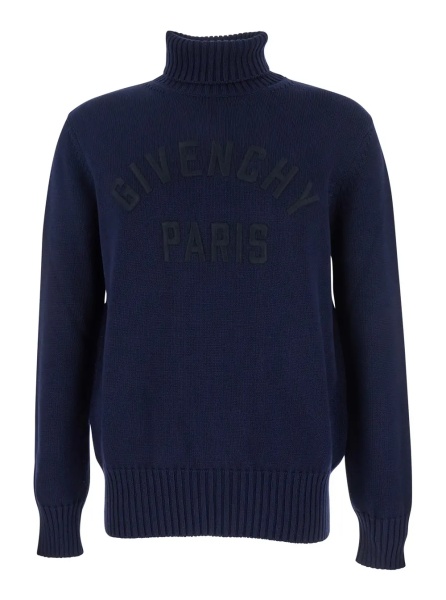 Pulover Blue Turtleneck Sweater with Logo Lettering on the Front in Wool Man