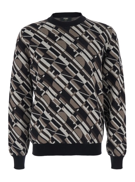 Pulover Brown Crewneck Sweater with All-Over Geometric Motif in Wool Man