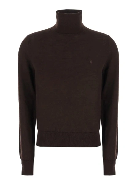 Pulover Brown High Neck Sweater with Tone-on-Tone Pony Logo in wool for Women