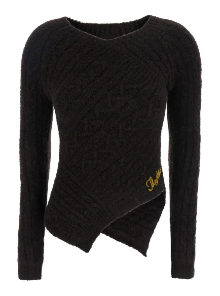Pulover Brown Sweater with Asymmetrical Design and Logo Lettering in Wool Woman