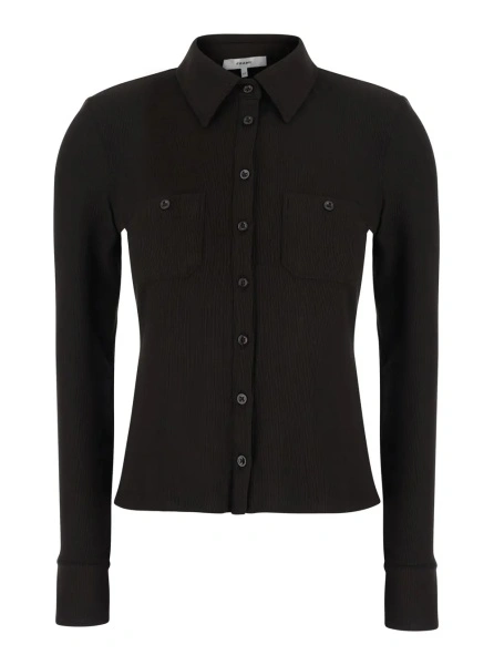 Pulover Brown Top with Ribbed Design and Pointed Collar in Modal for Women