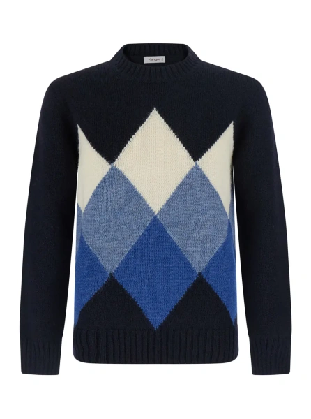 Pulover Crewneck Diamonds with long sleeves and 100% Shetland wool blue men
