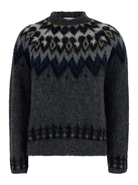 Pulover Gray Crewneck Sweater with Geometric Motif All-Over in Blend Wool for Women