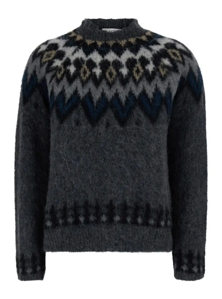 Pulover Gray Crewneck Sweater with Geometric Motif All-Over in Blend Wool for Women