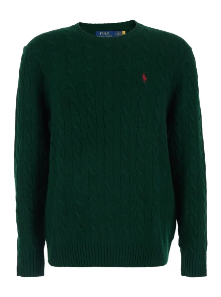 Pulover Green Cable Knit Crewneck Sweater with Pony Embroidery on the Front in Wool and Cashmere Man