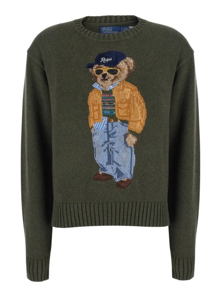 Pulover Green Crewneck Sweater with Maxi Bear Embroidery on the Front in Wool and Cashmere for Women