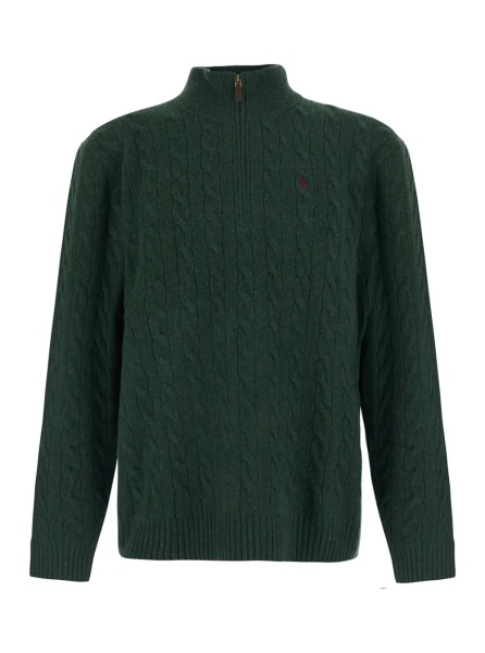 Pulover Green High Neck Sweater with Half Zip on the Front and Pony on the Front in Wool and Cashmere for Men
