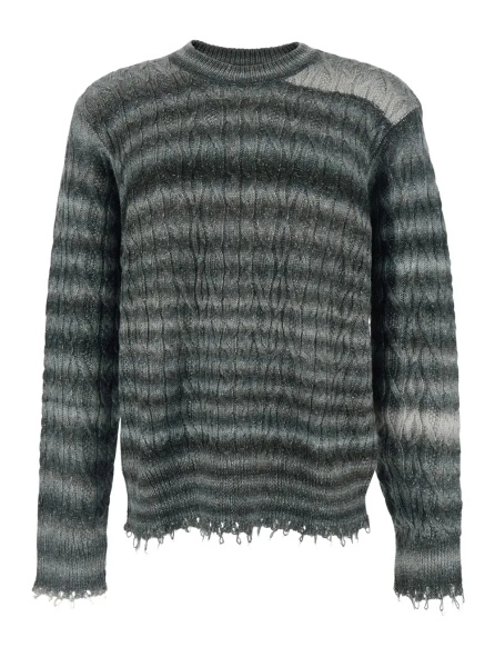 Pulover Grey Crewneck Sweater with Fringed Hem and All-Over Striped Motif in Cotton Blend Man