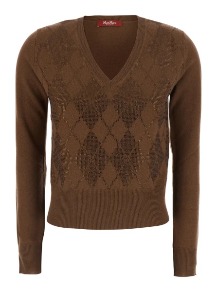 Pulover 'Liuti' Brown Sweater with V-neck and diamond motif on the front in wool and cashmere for women
