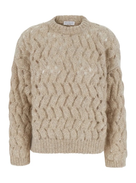 Pulover White Crewneck sweater with cable knit design in Blend wool for women