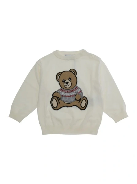Pulover White Crewneck sweatshirt with Teddy Bear motif on the front in cotton blend baby