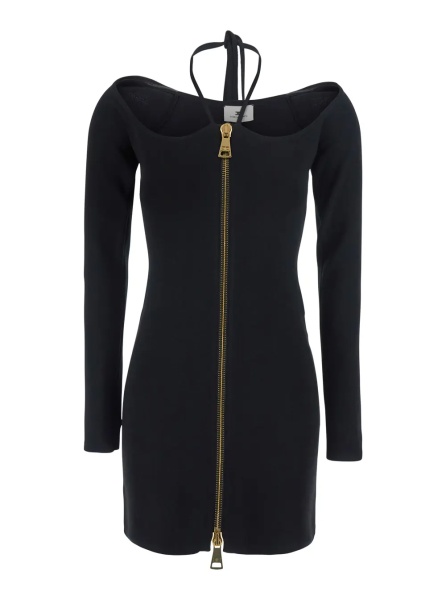 Rochii Black Mini Dress with Front Zip and Adjustable Neck Tie in Blend Viscose for Women