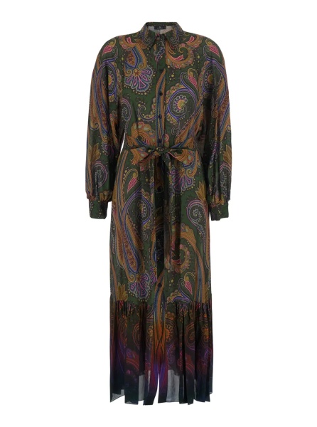 Rochii Brown Midi Dress with Classic Collar and All-Over Paisley Motif in Viscose for Women