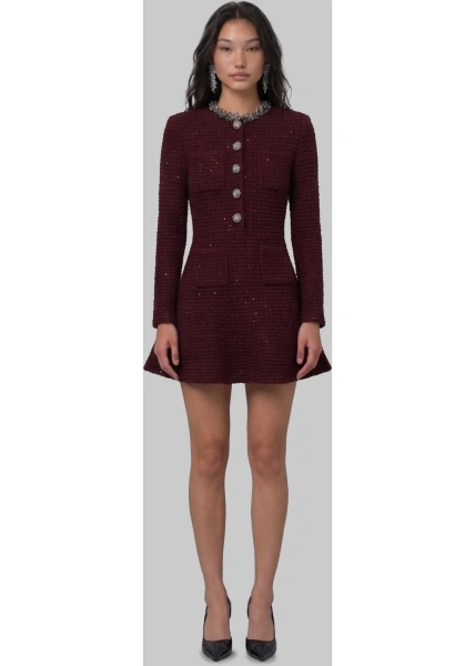 Rochii Burgundy Textured Knit Embellished Mini Dress