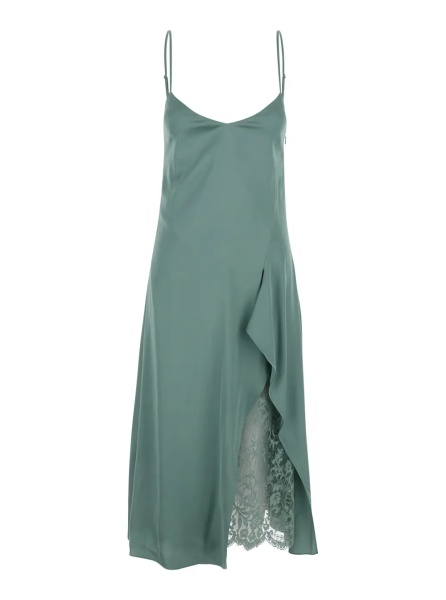 Rochii Green Dress 'DOCKETTA VIS SOFT SATIN' with V-neck and Long Silk Sleeves for Women