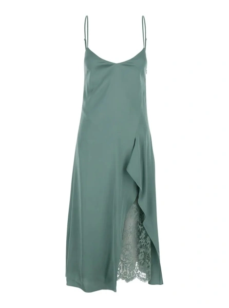 Rochii Green Dress 'DOCKETTA VIS SOFT SATIN' with V-neck and Long Silk Sleeves for Women