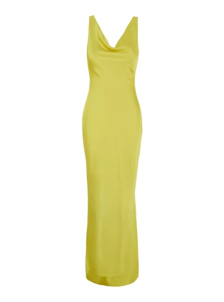 Rochii MARIA GOWN is a long dress characterized by a yellow tech fabric and woman