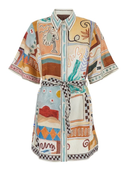 Rochii 'Michelle' Multicolor Mini Dress with Classic Collar and All-Over Geometric Motif in Linen Woman